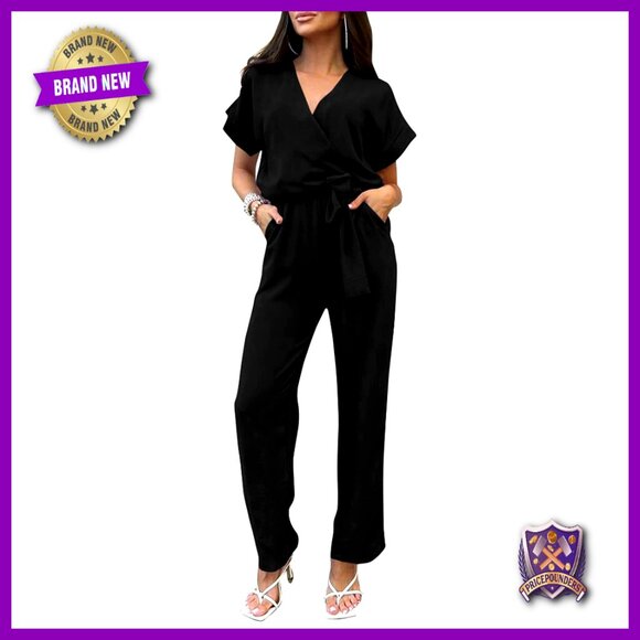Pants - Short Sleeve Wrap V Neck Wide Leg Jumpsuit Romper Summer Casual Dressy